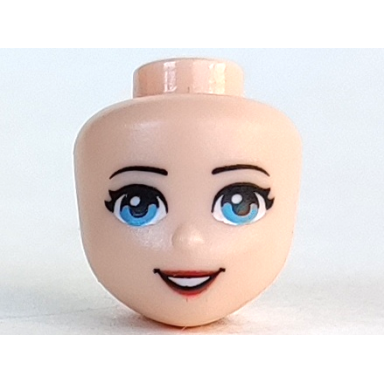 light nougat mini doll head friends with black eyebrows medium azure eyes red lips and open mouth smile with teeth pattern