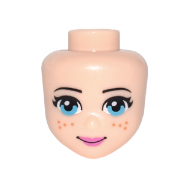 light nougat mini doll head friends with medium azure eyes dark orange freckles dark pink lips and closed mouth pattern