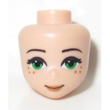 light nougat mini doll head friends with thin black eyebrows green eyes nougat lips and 6 freckles and closed mouth smile pattern