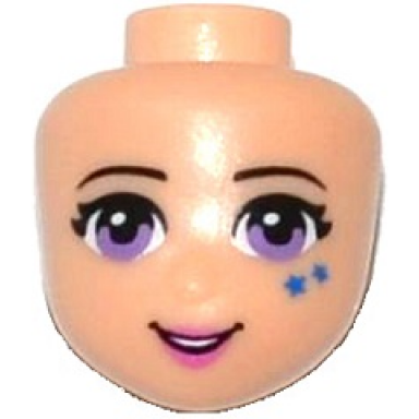 light nougat mini doll head friends with black eyebrows eyelashes medium lavender eyes blue stars dark pink lips open mouth smile with teeth pattern