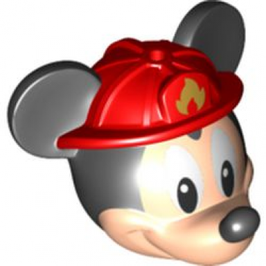 light nougat minifigure head modified mouse with black ears and nose and white eyes and red fire helmet with gold fire logo pattern mickey