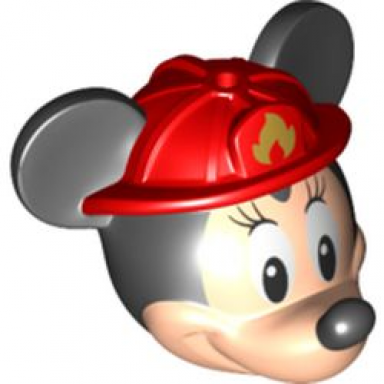 light nougat minifigure head modified mouse with black ears and nose and white eyes with eyelashes and red fire helmet with gold fire logo pattern minnie