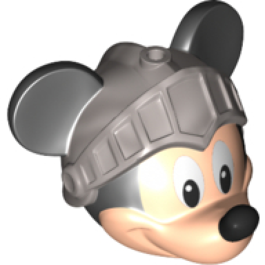 light nougat minifigure head modified mouse with black ears and nose and white eyes and silver knight helmet with open visor pattern mickey