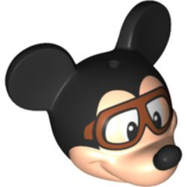 light nougat minifigure head modified mouse with black ears and nose and aviator goggles pattern mickey