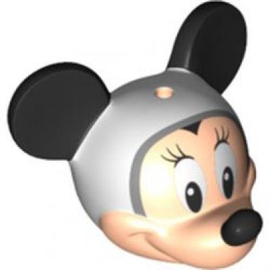 light nougat minifigure head modified mouse with black ears and nose white eyes with eyelashes and space helmet pattern minnie