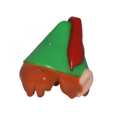 light nougat minifigure hair combo hair with hat pointed ears molded green pointed hat with printed red feather and dark orange messy hair pattern