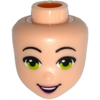 light nougat mini doll head friends with black eyebrows lime eyes dark pink lips open mouth smile with top teeth pattern
