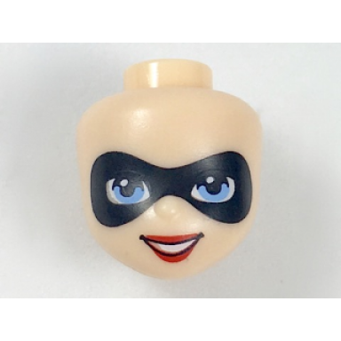 light nougat mini doll head friends with black domino mask bright light blue eyes and red lips pattern harley quinn