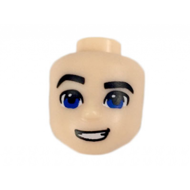 light nougat mini doll head friends male large with blue eyes black eyebrows right raised eyebrow open mouth smile pattern steve trevor