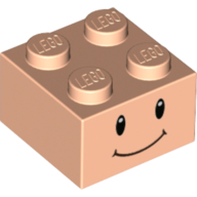 light nougat brick 2 x 2 with black eyes white pupils and dark brown closed mouth smile pattern super mario toad face