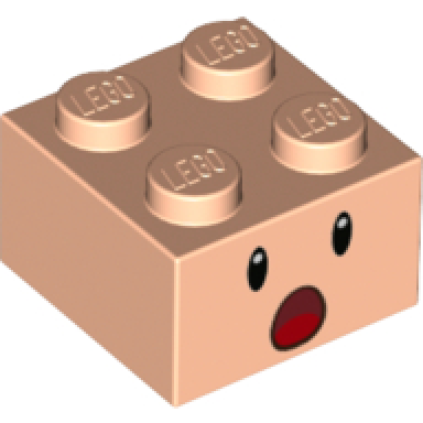light nougat brick 2 x 2 with black eyes white pupils and dark red open mouth surprised with red tongue pattern super mario toad blue toad purple toad face