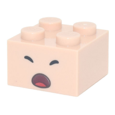 light nougat brick 2 x 2 with black closed eyes and dark red open mouth scared with red tongue pattern super mario toad face