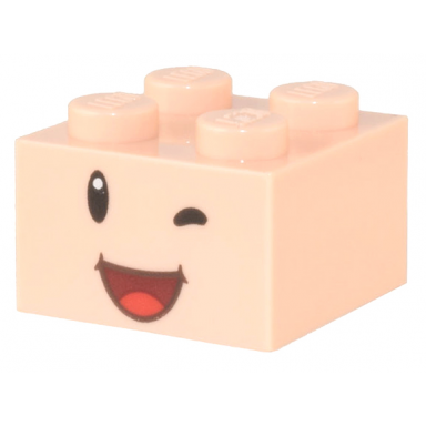 light nougat brick 2 x 2 with black eyes white pupil wink and dark red open mouth smile with red tongue pattern super mario blue toad purple toad face