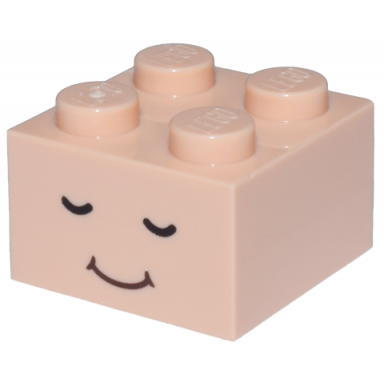 light nougat brick 2 x 2 with black closed eyes and dark brown closed mouth smile pattern super mario green toad face