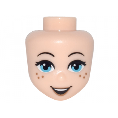 light nougat mini doll head friends with black thin eyebrows eyelashes medium azure eyes dark tan freckles and lips open mouth smile with top teeth pattern