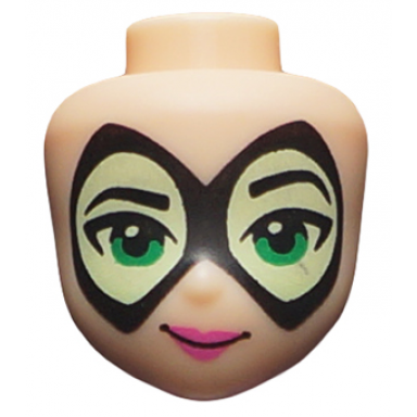 light nougat mini doll head friends with thin black pointed mask with yellowish green lenses bright green eyes and dark pink lips pattern batgirl