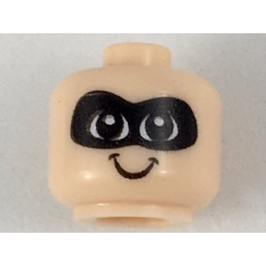 light nougat minifigure baby toddler head with neck with black eyes white pupils black domino mask and smile pattern
