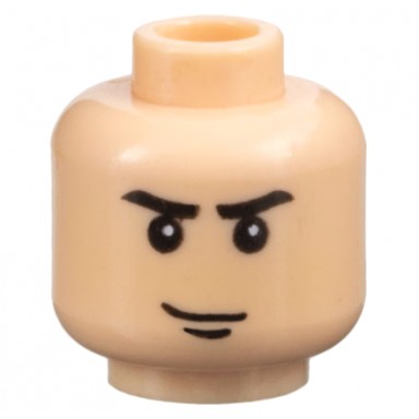 light nougat minifigure head black eyebrows and chin dimple smirk pattern