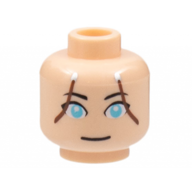 light nougat minifigure head female sky blue eyes brown hair lines on sides pattern katarad