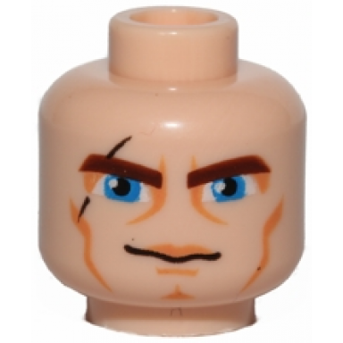light nougat minifigure head reddish brown thick eyebrows large blue eyes black scar nougat eye shadow upper lip cheek lines and chin dimple slight grin pattern