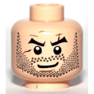 light nougat minifigure head beard black angled eyebrows and full beard stubble scars chin dimple smirk pattern