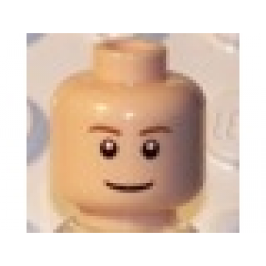 light nougat minifigure head brown eyebrows thin grin black eyes with white pupils pattern
