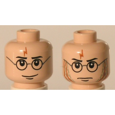 light nougat minifigure head dual sided black eyebrows upper eyelids glasses with round frames chin dimple dark orange lightning bolt wide grin stern with gills and scales pattern
