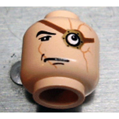light nougat minifigure head black eyebrow upper eyelid gold monocle with reddish brown strap over large white eye medium nougat scars chin dimple lopsided frown pattern