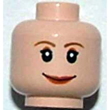 light nougat minifigure head female reddish brown thin eyebrows black single eyelashes red lips wide grin pattern