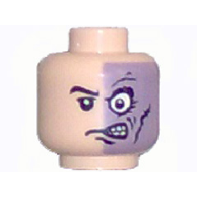 light nougat minifigure head male half normal half sand purple with scar pattern two-face