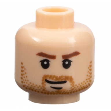 light nougat minifigure head male reddish brown eyebrows medium nougat beard stubble chin dimple and closed mouth lopsided grin pattern