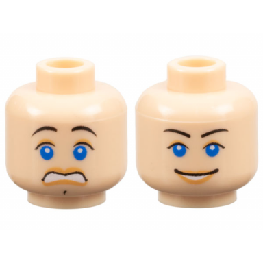 light nougat minifigure head dual sided female black thin eyebrows blue eyes nougat lips and eye shadow scared open mouth smile with teeth pattern