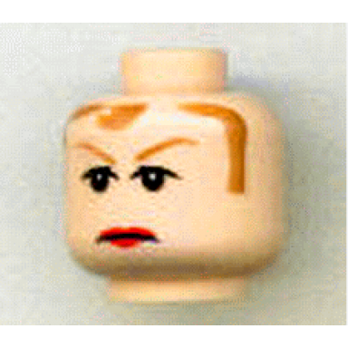 light nougat minifigure head female brown hair and eyebrows red lips frown pattern
