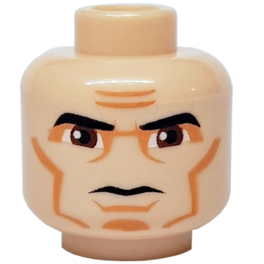 light nougat minifigure head black thick eyebrows large reddish brown eyes nougat eye shadow cheek lines and chin dimple furrowed brow stern pattern