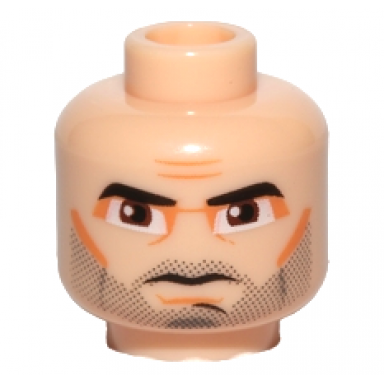 light nougat minifigure head black thick eyebrows and beard stubble large reddish brown eyes nougat eye shadow cheek lines and chin dimple furrowed brow stern pattern