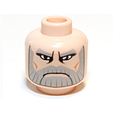 light nougat minifigure head light bluish gray thick eyebrows moustache and full beard white around eyes small cheek lines stern frown pattern