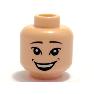 light nougat minifigure head black eyebrows thin upper eyelids dimples open mouth smile with top teeth pattern