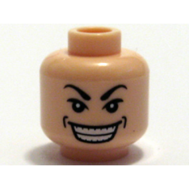 light nougat minifigure head male arched eyebrows white pupils wide grin with dimples pattern