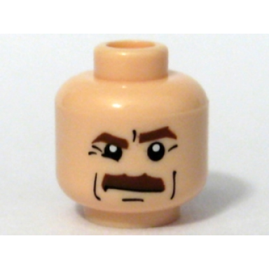 light nougat minifigure head reddish brown thick eyebrows and moustache right lower eyelid black cheek lines chin dimple and wrinkles stern pattern
