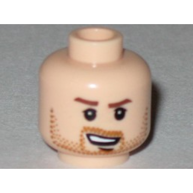 light nougat minifigure head male reddish brown eyebrows medium nougat beard stubble chin dimple and open mouth lopsided grin pattern