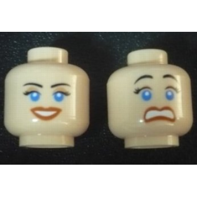 light nougat minifigure head dual sided female blue eyes scared smile open mouth pattern