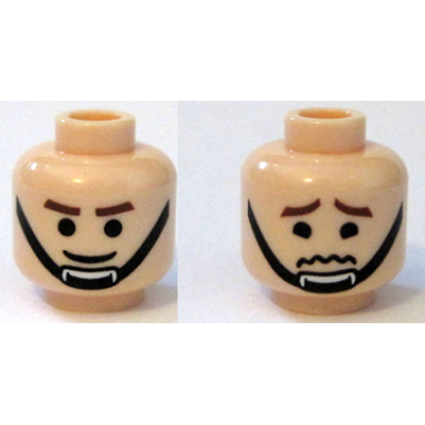 light nougat minifigure head dual sided brown eyebrows black chin strap smile worried pattern