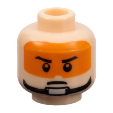 light nougat minifigure head male stern black eyebrows pupils orange visor and chin strap pattern