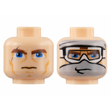 light nougat minifigure head dual sided thick eyebrows blue eyes scar and lines snow goggles and gray bandana pattern sw anakin