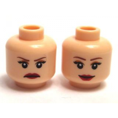 light nougat minifigure head dual sided female reddish brown eyebrows black eyelashes nougat eye shadow dark red lips frown grin pattern