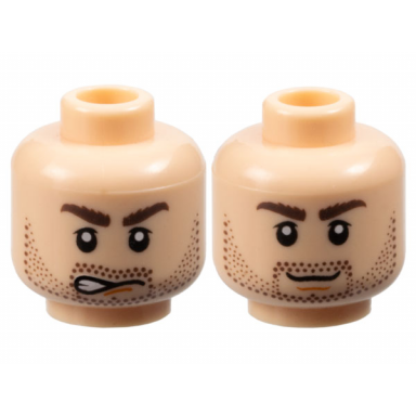 light nougat minifigure head dual sided dark brown bushy eyebrows and beard stubble upper eyelids dark orange chin dimple lopsided open mouth scowl with teeth grin pattern