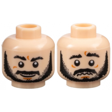 light nougat minifigure head dual sided black bushy eyebrows beard and moustache dark orange chin dimple grin worried pattern