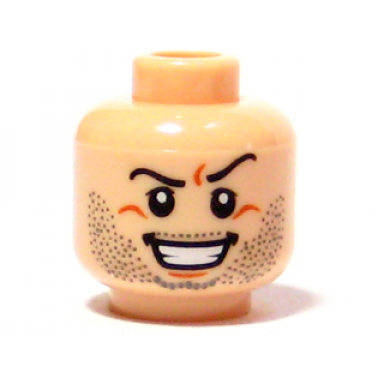 light nougat minifigure head beard stubble arched eyebrow evil grin with teeth pattern