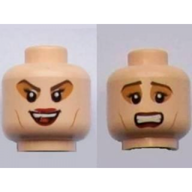 light nougat minifigure head dual sided hp bellatrix with medium nougat eye shadow and dark red lips laughing scared pattern