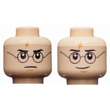 light nougat minifigure head dual sided black eyebrows upper eyelids round glasses dark orange lightning bolt scar medium nougat chin dimple angry frown grin pattern